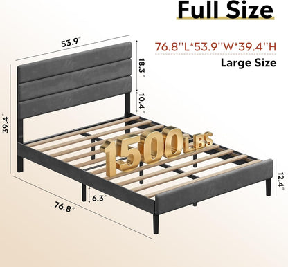 Full Size Upholstered Bed Frame, Velvet Square Tufted Headboard,Sturdy Metal & Wooden Slats Support, No Box Spring Neede