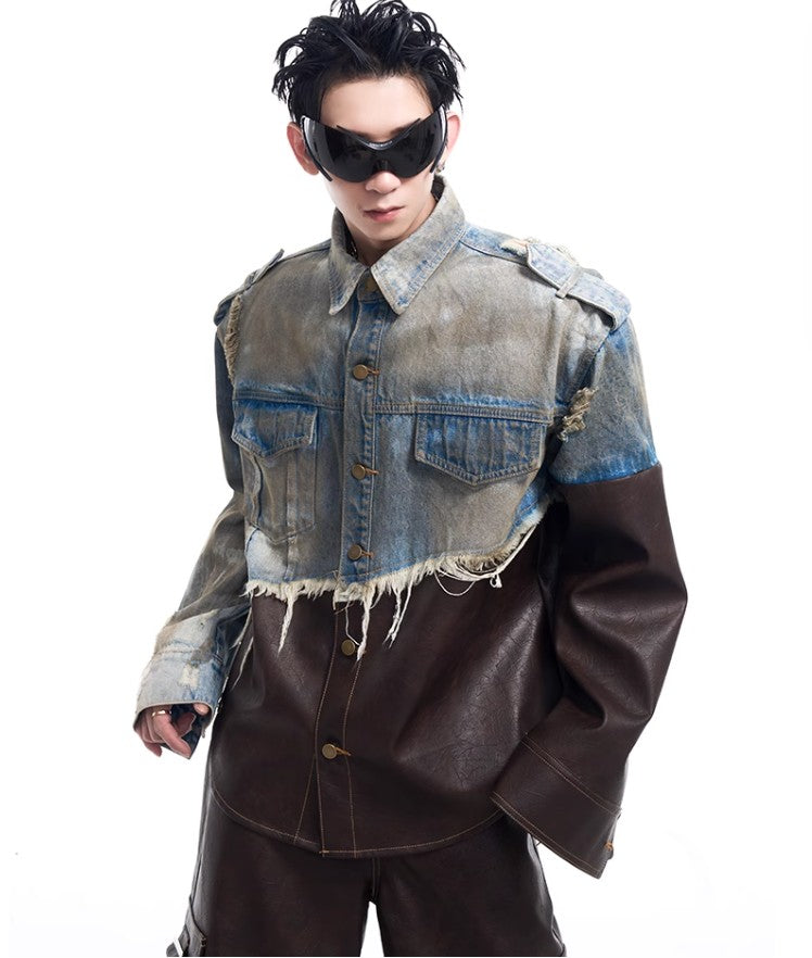 2024 American vintage do old piece-leather destruction denim jacket men fall dirty jacket