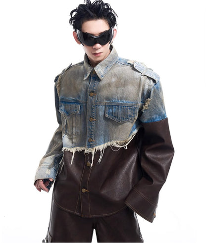 2024 American vintage do old piece-leather destruction denim jacket men fall dirty jacket