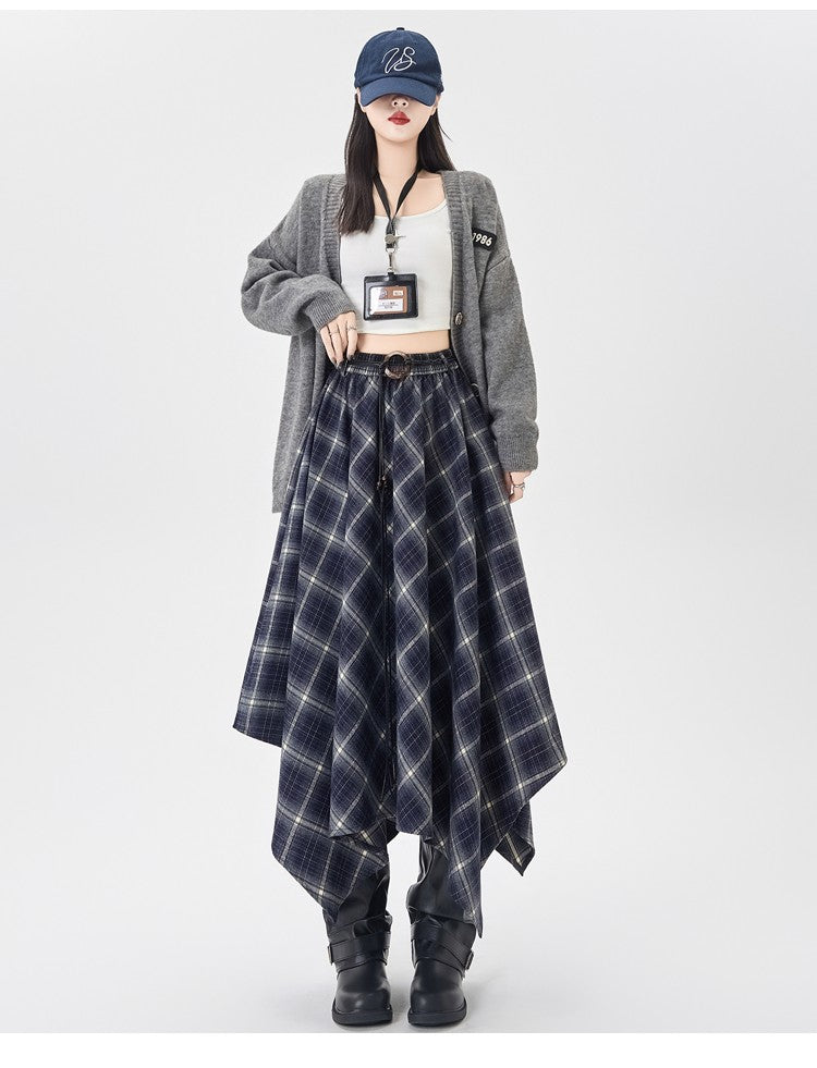 Women Skirt Plaid High Waisted Elastic A Line Mid Length Korean Style Fashion Retro Versatile Irregular Autumn Skirt