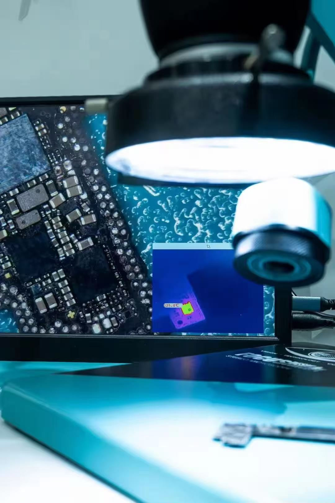 Microscópio Trinocular Estéreo RF4 360° com Braço Articulado para Reparo de Placas PCB de Celulares e Câmera Termográfica 4K C39