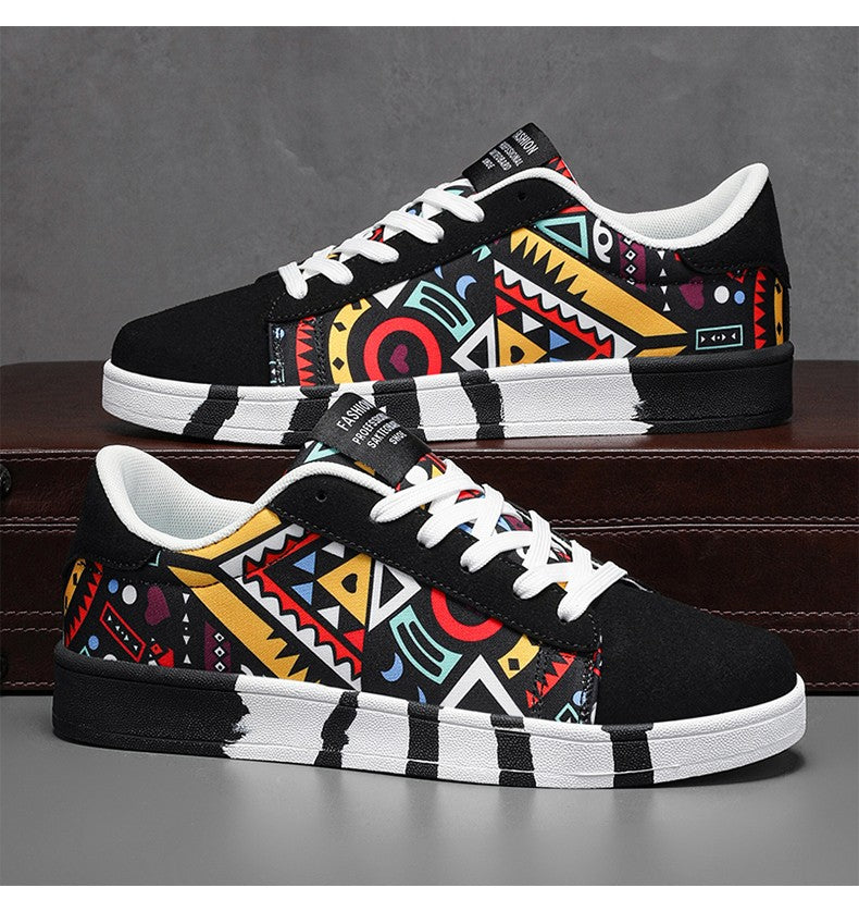 YRZL Men's Sports Running Shoes Canvas Geometric Style Lace-Up Sneakers Couples' Fashionable Graffiti Print Skate Shoes Men