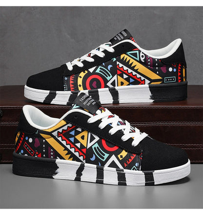 YRZL Men's Sports Running Shoes Canvas Geometric Style Lace-Up Sneakers Couples' Fashionable Graffiti Print Skate Shoes Men
