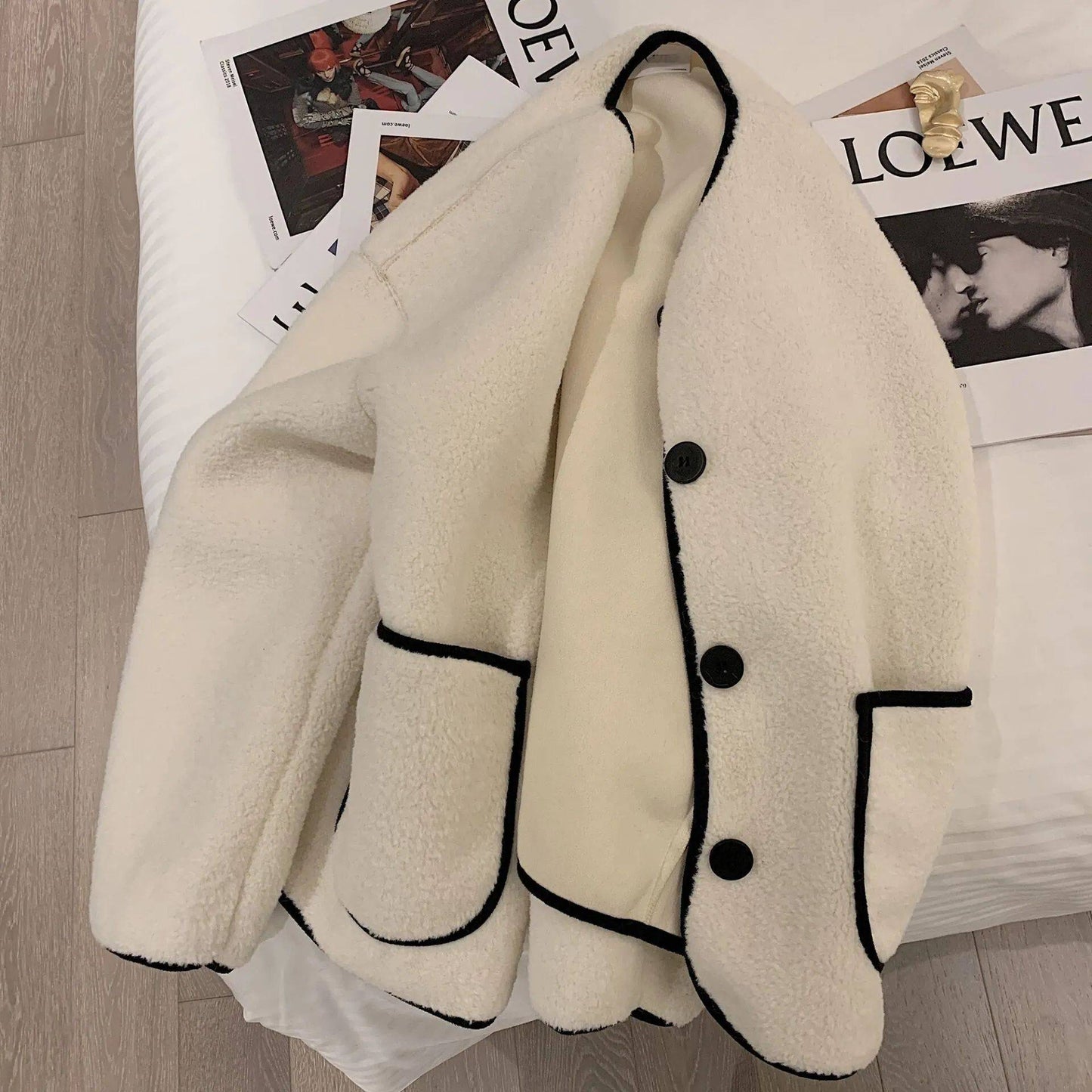 New Winter Loose Short Thickened Lamb Fur Jacket Simple Style Small Size Elegant Top Polyester Fiber Full Sleeve Coat