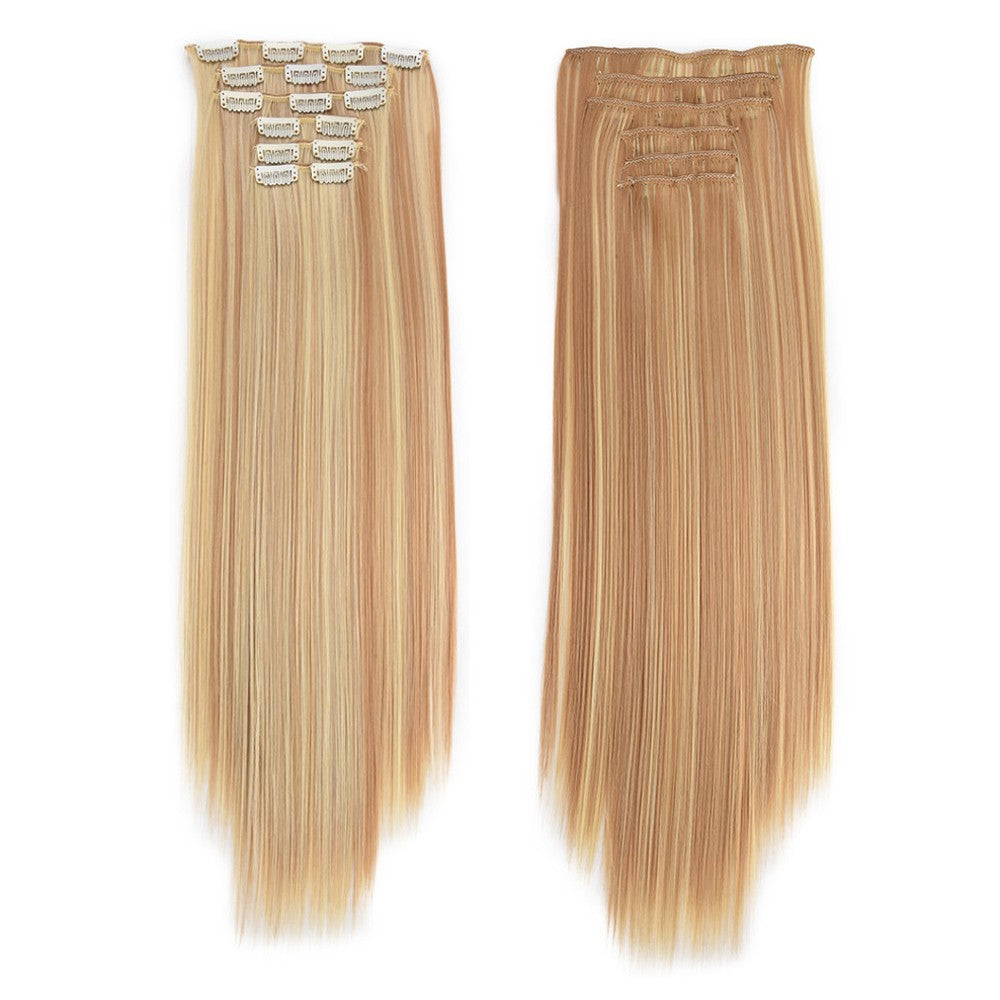 16 Presilhas em Extensões de Cabelo 60cm de Comprimento Liso Sintético Loiro Preto Peças de Cabelo Resistente ao Calor Cabelo Falso 6 Peças/Conjunto