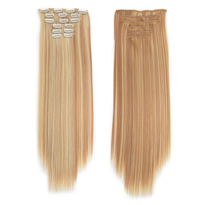 16 Presilhas em Extensões de Cabelo 60cm de Comprimento Liso Sintético Loiro Preto Peças de Cabelo Resistente ao Calor Cabelo Falso 6 Peças/Conjunto