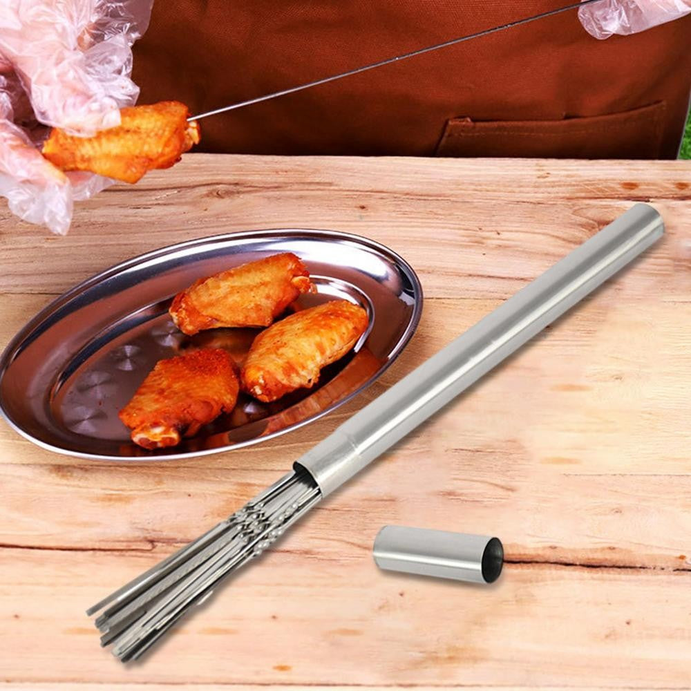 Stainless Steel Barbecue Skewer Storage Tube Charcoal Grill Skewer Flat BBQ Fork Kitchen Outdoor Camping Accessories Utensils