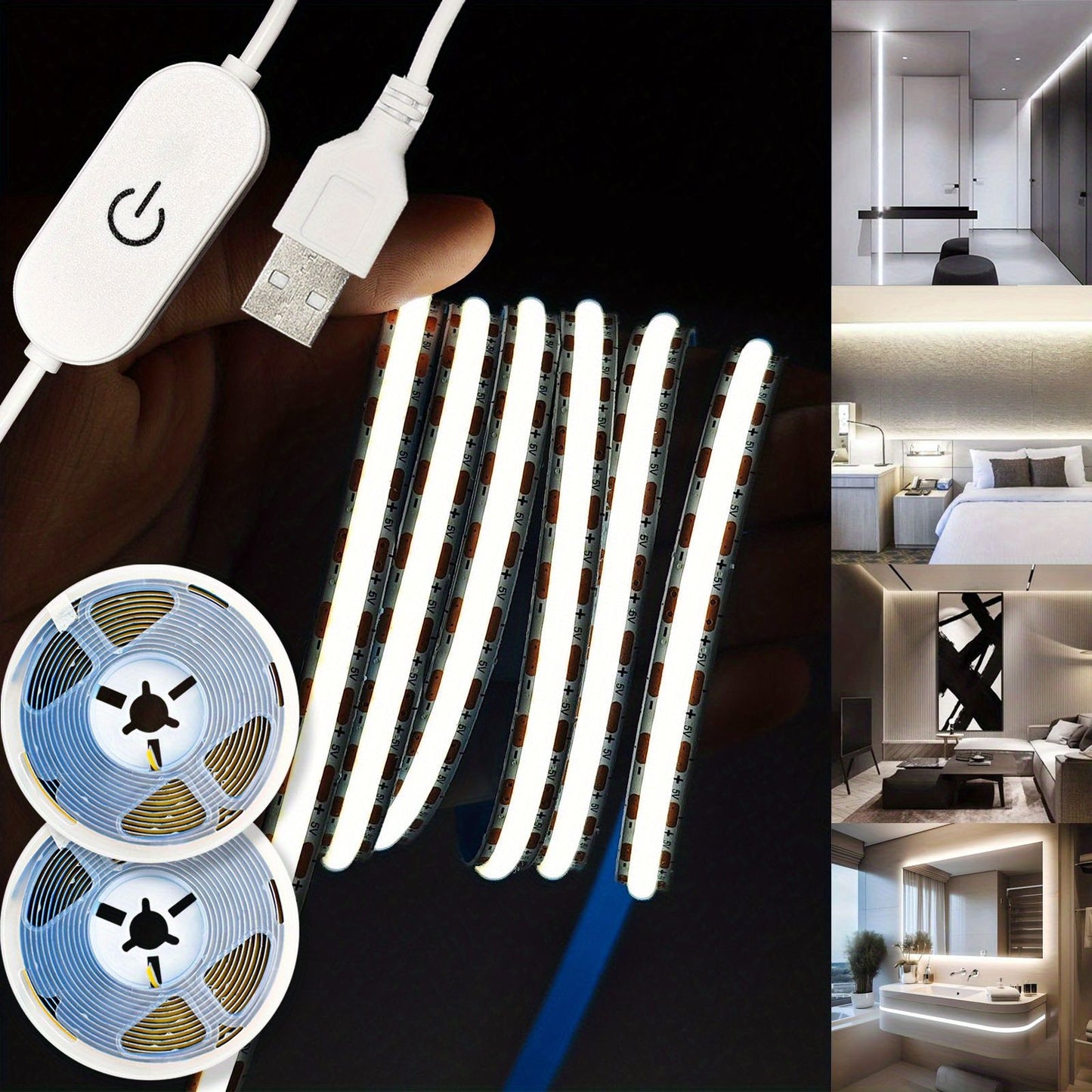 5V USB COB LED Light Strip Linear Touch Dimmable Flexible Diode Tape Home Christmas Lights TV Mirror Backlight Room Decoration