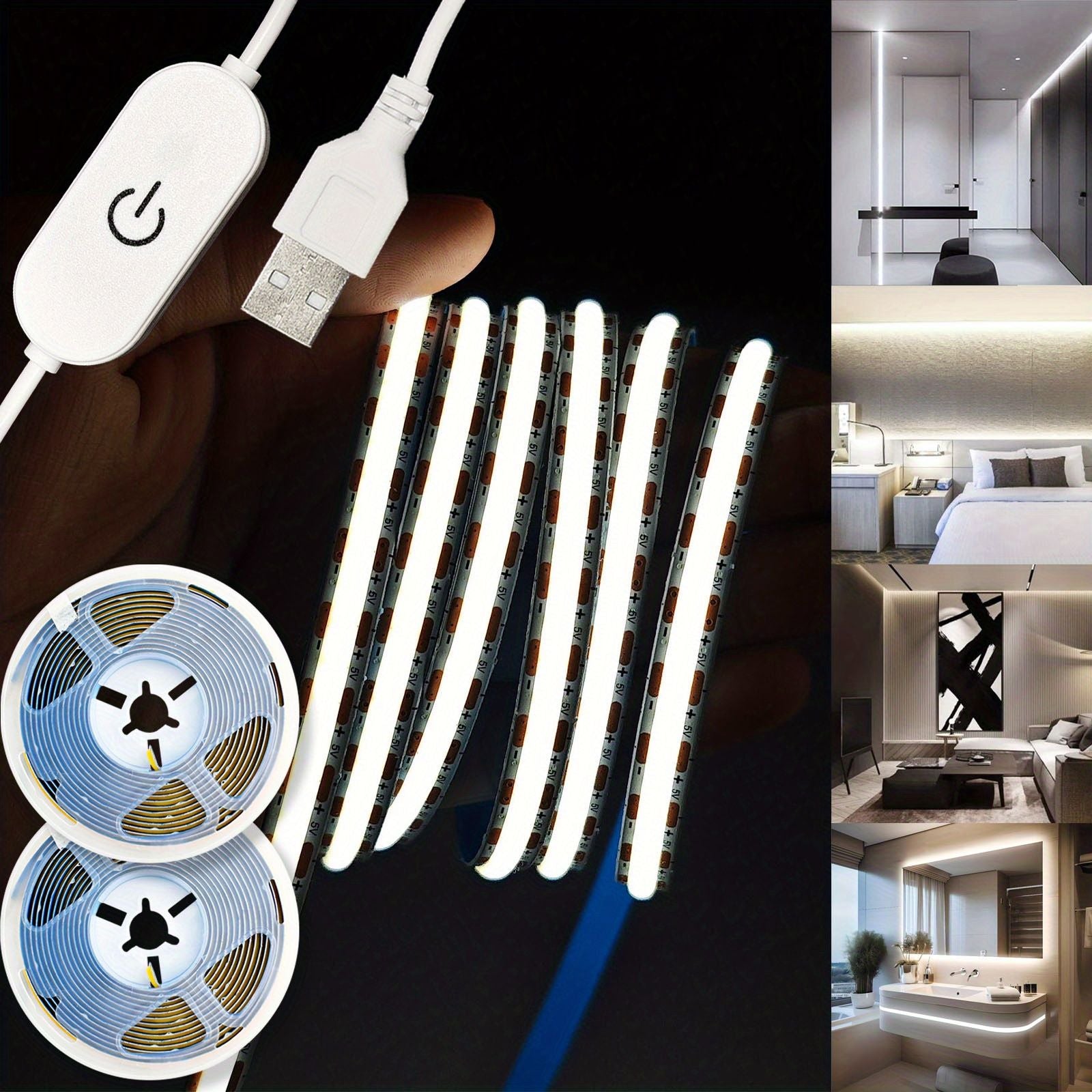 5V USB COB LED Light Strip Linear Touch Dimmable Flexible Diode Tape Home Christmas Lights TV Mirror Backlight Room Decoration