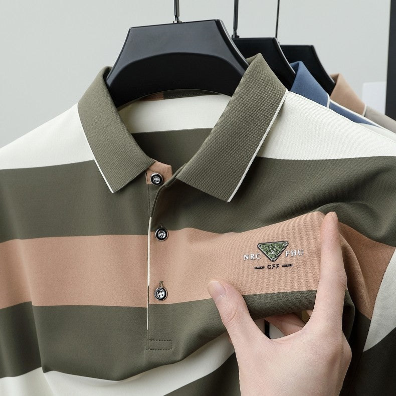 luxury wide stripe color blocked short sleeve polo shirt high-end brand letter embossed T-shirt fashion breathable men's wear