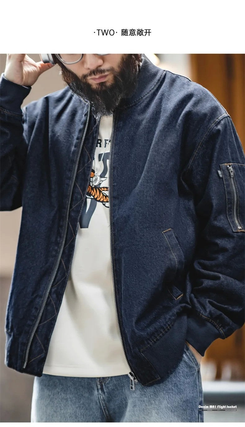Maden Retro MA-1 Flight 8.9oz Denim Jacket Baseball Collar Bomber Jackets Casual Denim Coats for Men's Versatile Autumn Clothing