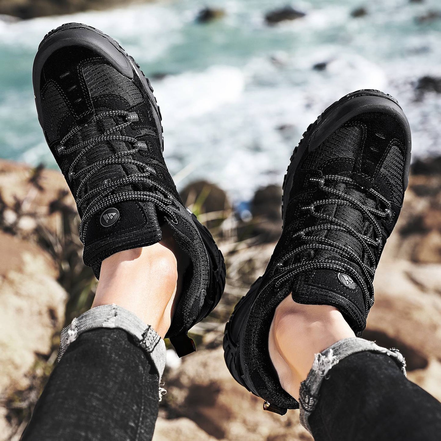HIKEUP Tênis Masculino de Caminhada em Couro Camurça, Calçados Outdoor Resistentes ao Desgaste Masculinos para Trekking, Caminhada, Caça e Tênis Táticos