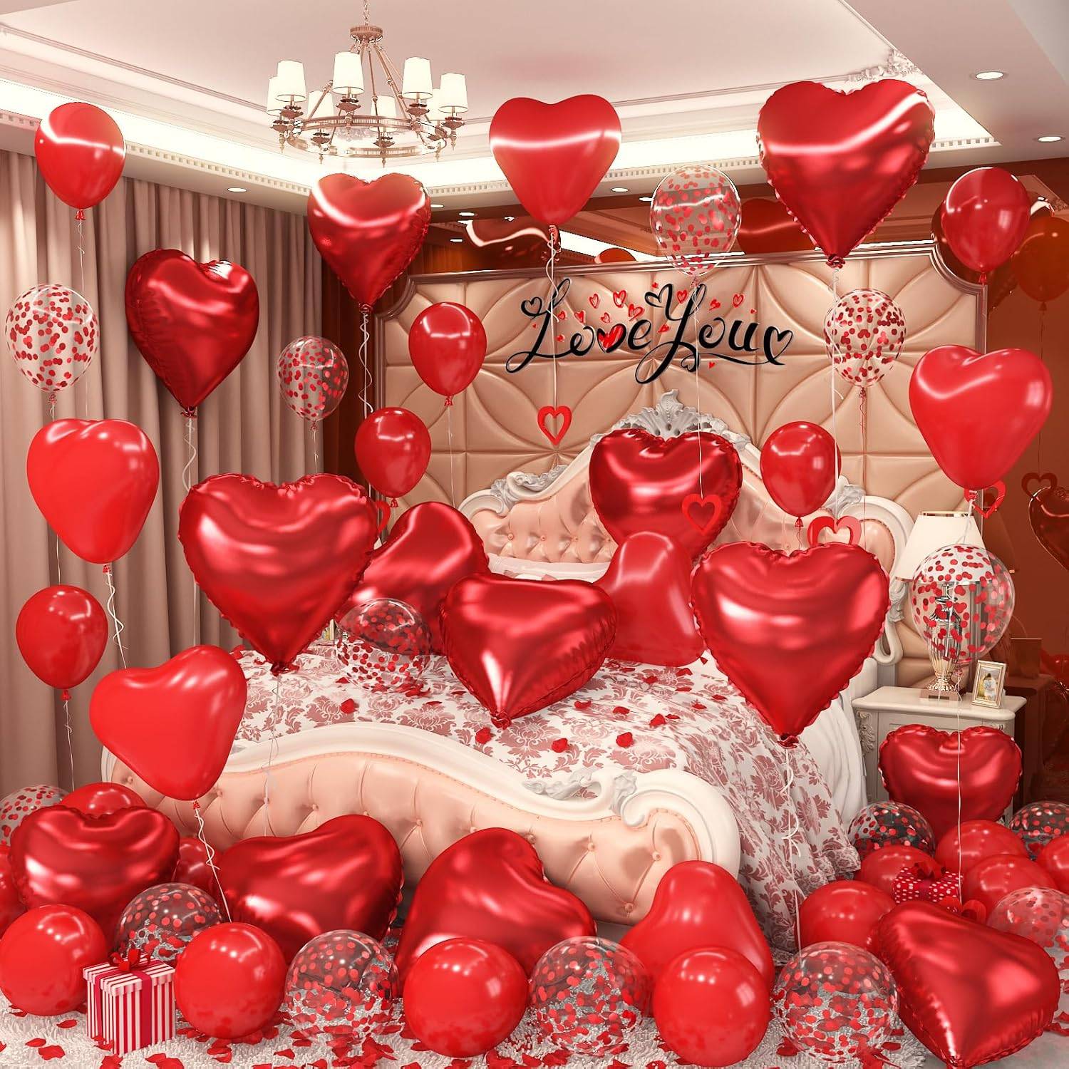 I Love You/Red Heart Love Foil Balloon 1000Pcs Rose Petals for Wedding Anniversary Valentine Day Romantic Special Night Party