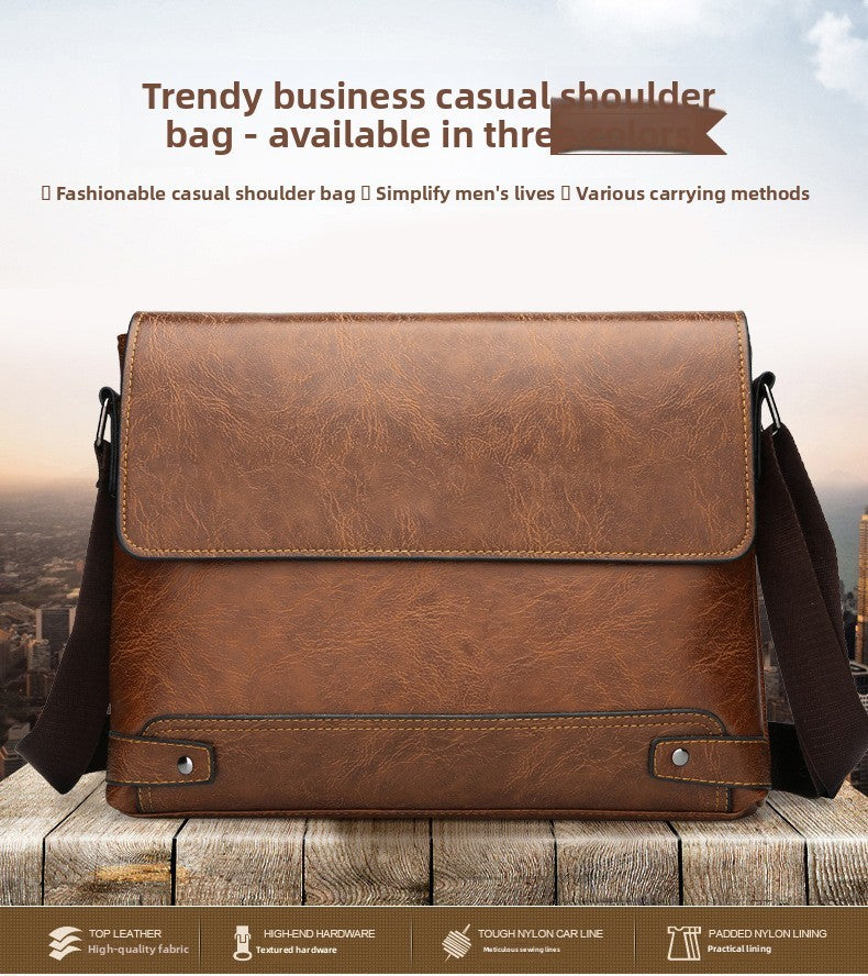 Men's Solid Color Retro Leather Shoulder Bag, Casual Business Messenger Bag Horizontal A4 Paper Travel Bag Briefcase Laptop Bag