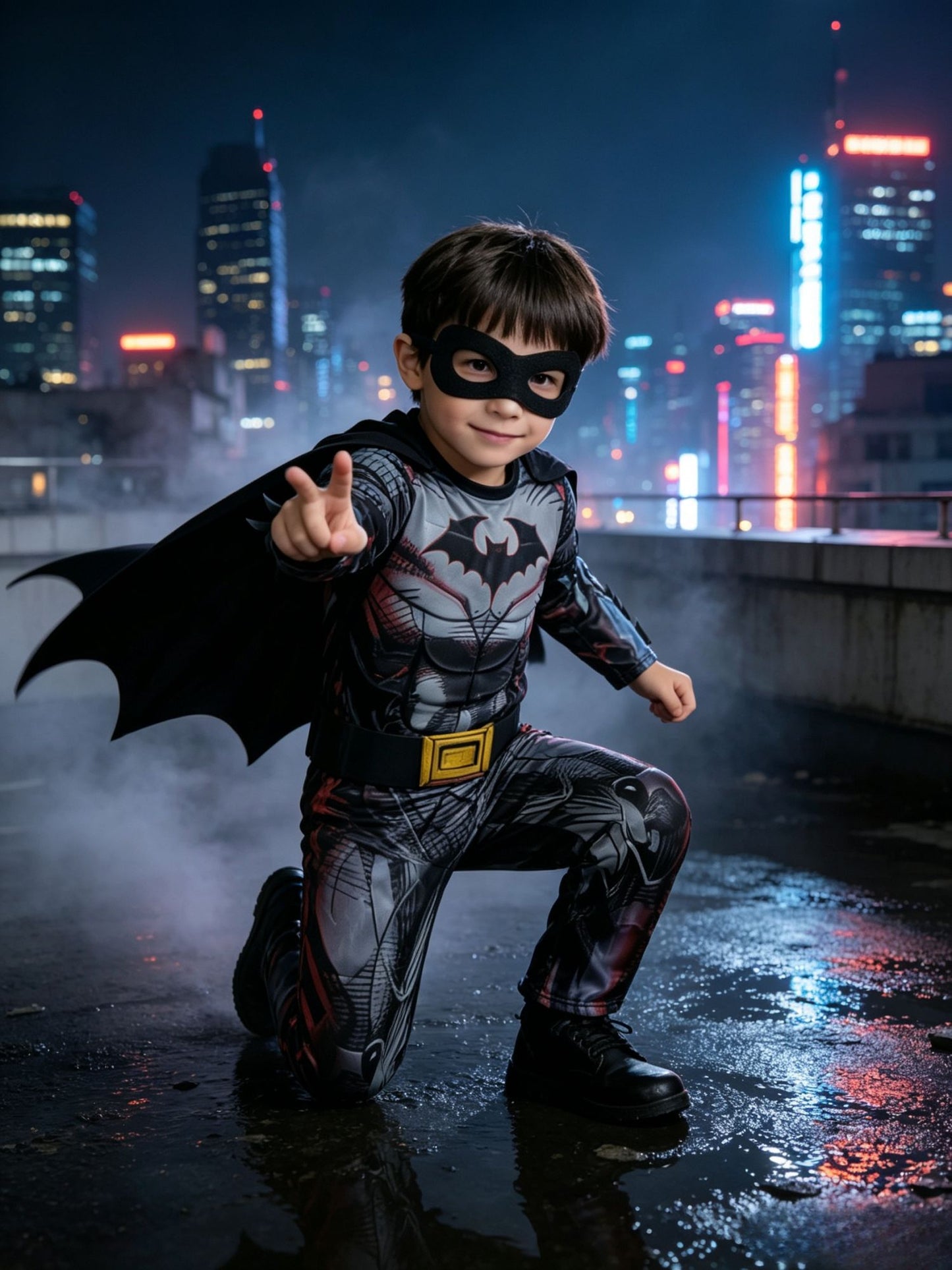 Kids Dark Hero Muscle Costume with Eye Mask, Boys Fancy Jumpsuit for Halloween Cosplay Party