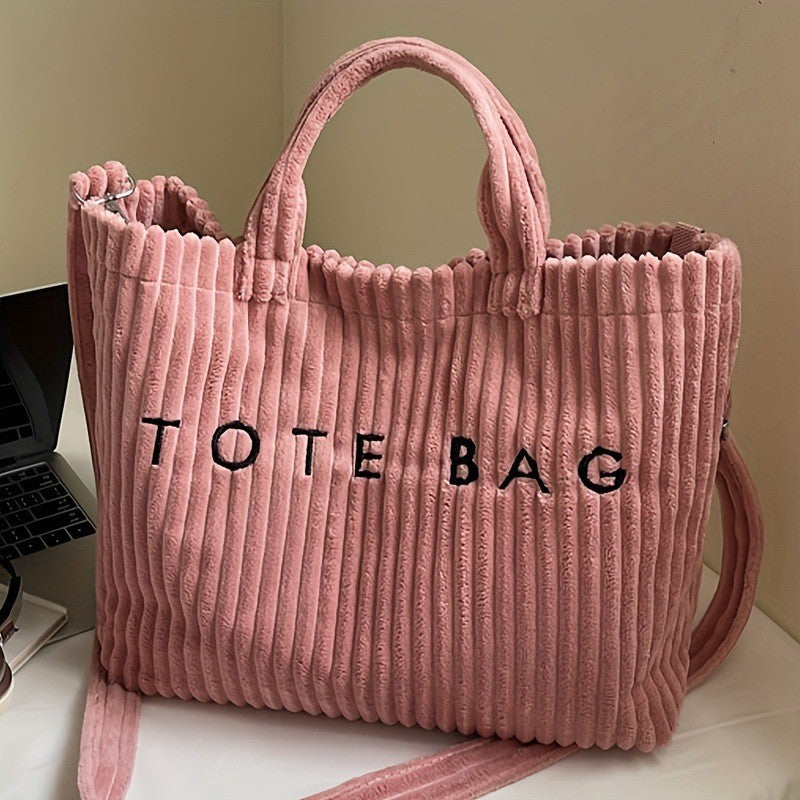 Large Capacity Striped Velvet Handbag Shoulder Bag for Woman Handbags Crossbody Bags, Versatile Letter Corduroy Women's Tote Bag
