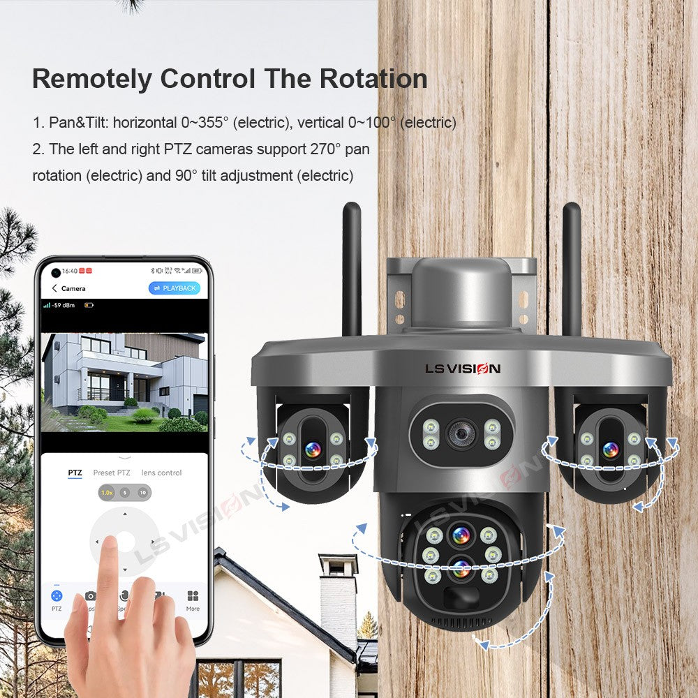 LS VISION 20MP 10X Optical Zoom Three PTZ Lens Solar Camera Outdoor WiFi/4G Three Screen Auto Tracking Security Cameras V380 Pro
