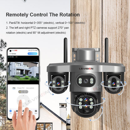 LS VISION 20MP 10X Optical Zoom Three PTZ Lens Solar Camera Outdoor WiFi/4G Three Screen Auto Tracking Security Cameras V380 Pro