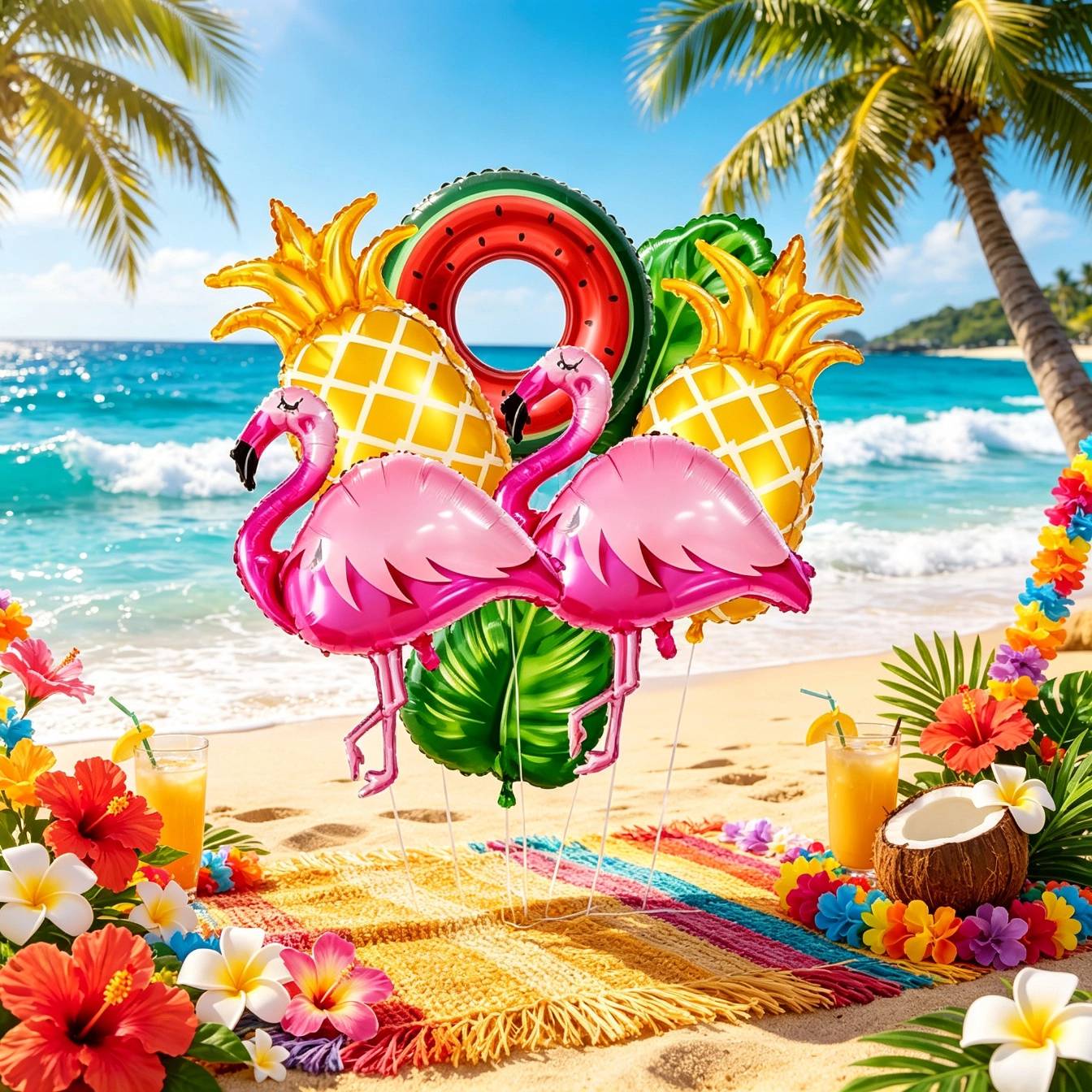 7pcs Hawaiian Pie Decoration Balloon Set, including oversized flamingo balloons, palm leaf pineapple watermelon balloons, Hawaii