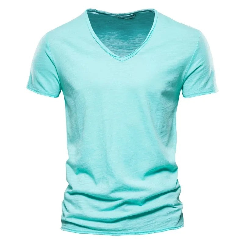 2024 hot summer men's new solid color V-neck pure cotton short sleeved T-shirt hot selling men's T-shirt top Men Mens