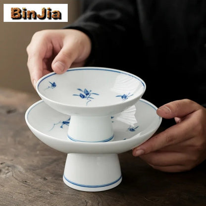 Pure Hand-painted Butterfly Orchid Fruit Plate, Dehua White Porcelain Tea Snack Living Room Table, High Footed Fruit Snack Plate
