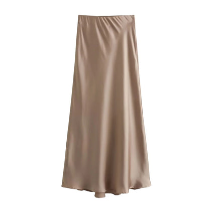 XNWMNZ Women's Fashion 2023 Flowing Satin Midi Skirt Women Vintage Elastic High