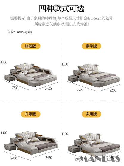 Tech Smart Bed 2 People with King Size Bed Frame Queen, Genuine Leather, Massage, USB, Bluetooth Speaker, and Safe By MINGDIBAO