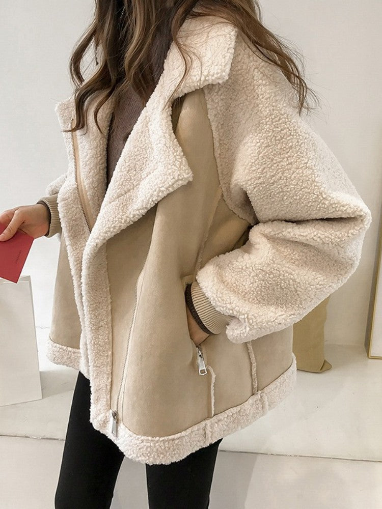 Autumn Winter New in Loose Retro Fur Integrated Suede Jacket Women's Short Casual Warm Lamb Fleece Motorcycle Jacket Tops