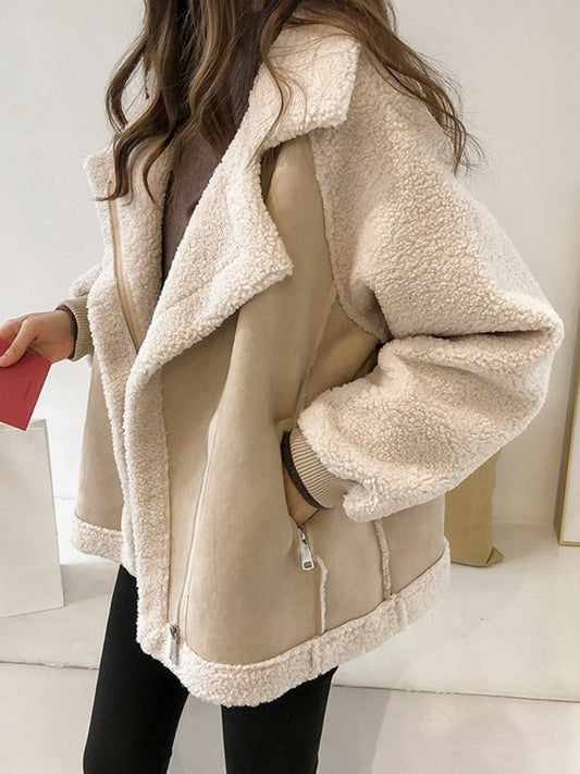 Autumn Winter New in Loose Retro Fur Integrated Suede Jacket Women's Short Casual Warm Lamb Fleece Motorcycle Jacket Tops
