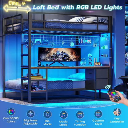 Full Size Over Twin Bunk Bed with Desk and Charging Station Metal Loft Bed with Led Lights & Storage Shelves