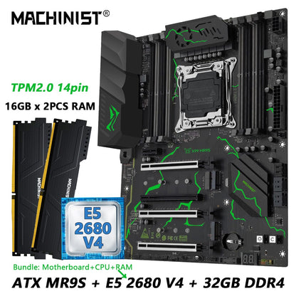 Kit Placa Mãe MACHINIST X99 MR9S LGA2011-3 CPU Xeon E5 2680 V4 32GB DDR4 Quatro Canais Interface TPM 2.0 NVME M.2 USB3.0