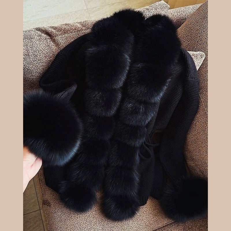 Elegant Knitted Faux Fur Patchwork Women's Coat Thicken Lady Coats 2025 Autumn Winter Chic Female Street Warm Outerwears