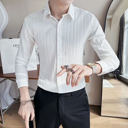 Streetwear Fashion Korean Clothing Solid Shirts Spring Autumn Men Long Sleeve Striped Lapel Single Sockets Business Casual Tops