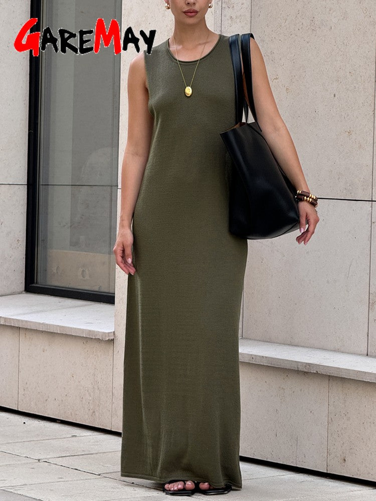 Noodle Women's Summer Knitted Dress Sleeveless Soild Long Elegant Brown Dress  O