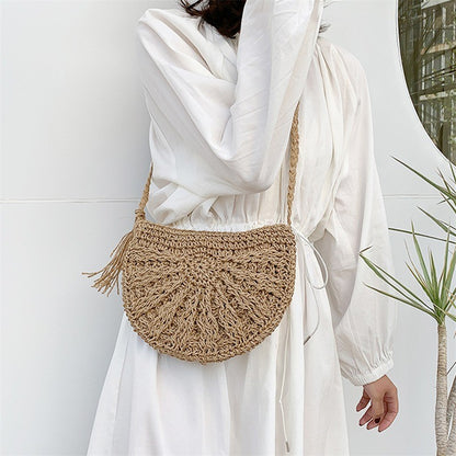 New Half Round Straw Bags for Women Summer Beach Rattan Bag Handmade Woven Half Moon Crossbody Handbags Bohemia