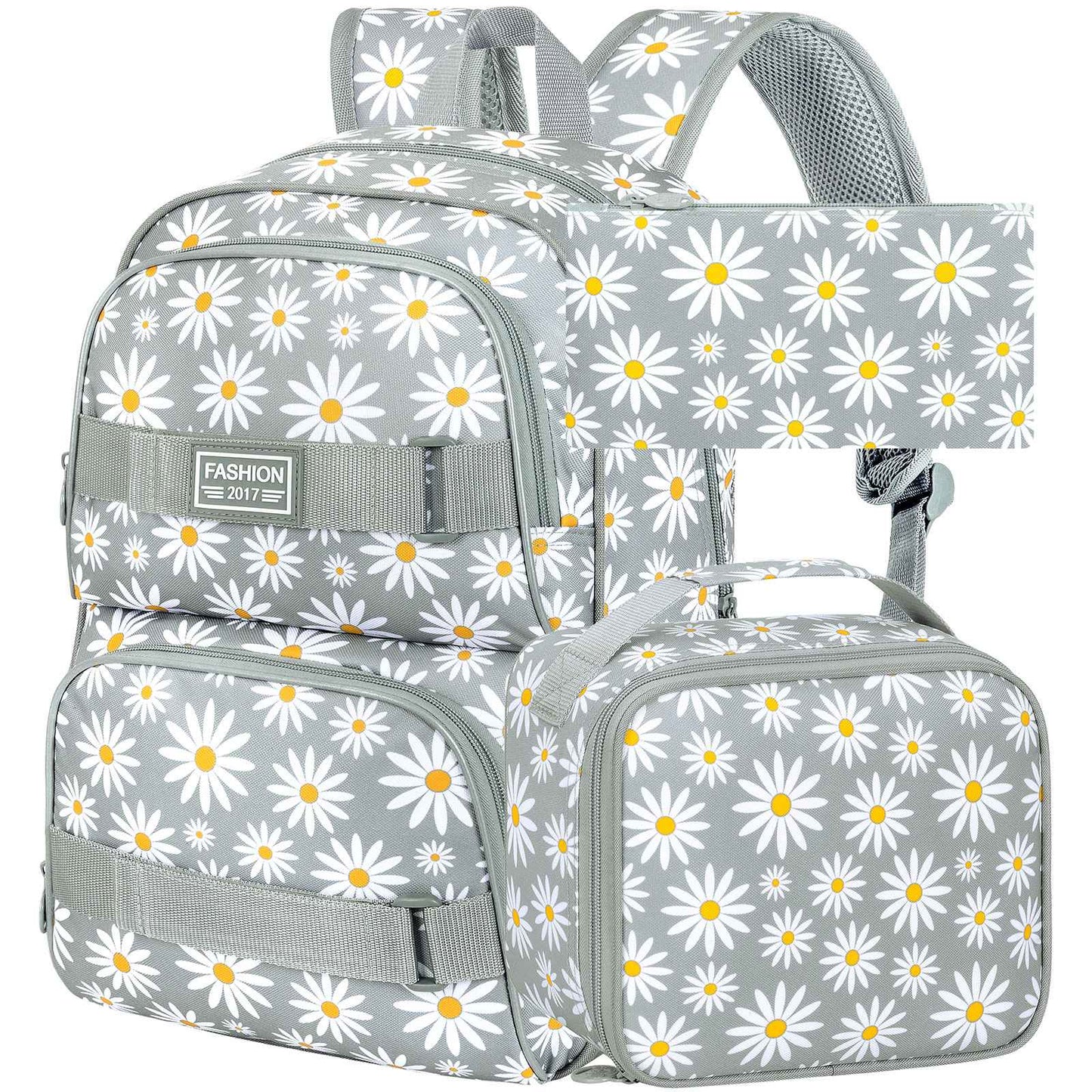 3PCS Daisy Girls Backpack, 17 Inch Laptop School Bookbag Teen College Water Resistant Kids Backpacks with Lunch Box Set - Grey