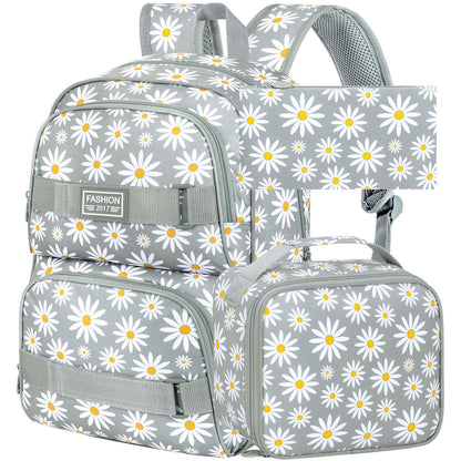 3PCS Daisy Girls Backpack, 17 Inch Laptop School Bookbag Teen College Water Resistant Kids Backpacks with Lunch Box Set - Grey