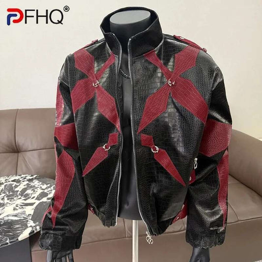 PFHQ Men's PU Leather Jacket 2025 Zipper Stand Collar Contrast Color Korea Fashion Darkwear Male Tops Casual 21E2807