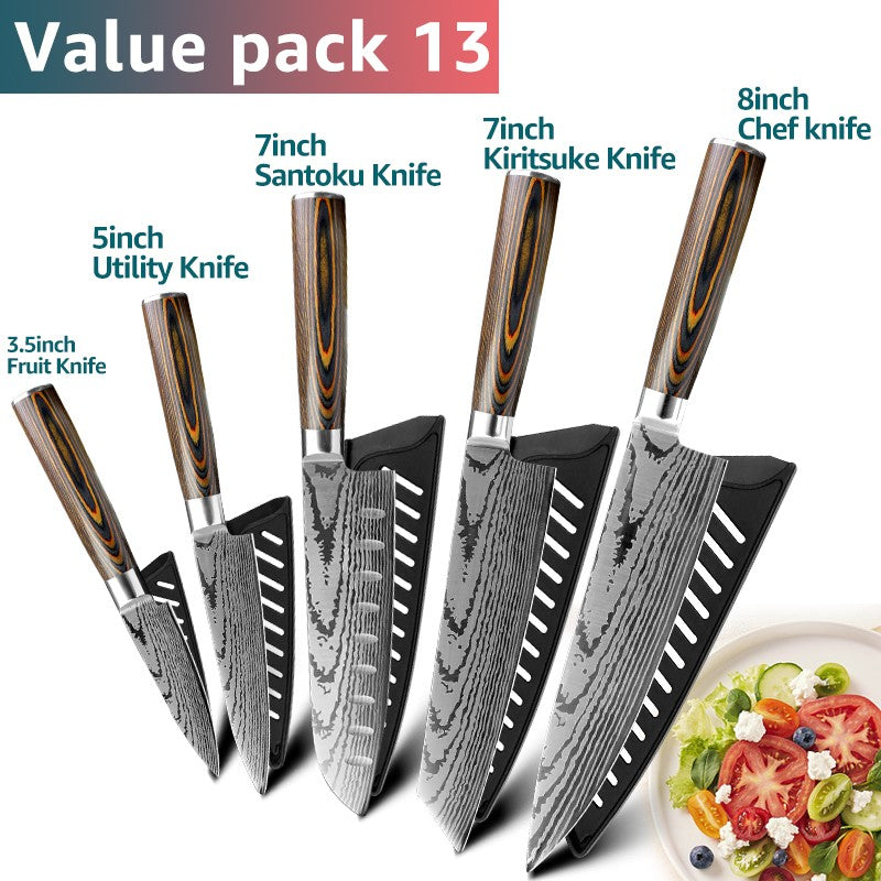 Conjunto de Facas de Cozinha 1-7PÇS Faca de Chef Japonesa Santoku 7CR17 Aço Inoxidável 440C Faca de Imitação de Damasco Cutelo de Carne Fatiador