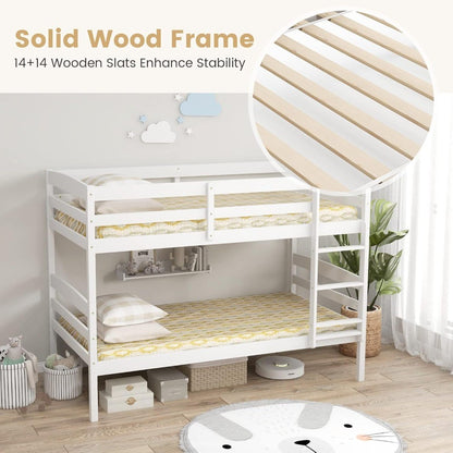 Beliche Madeira Solteiro sobre Solteiro, com Grade de Proteção de Comprimento Total e Escada Integrada, Estrutura de Cama que Economiza Espaço, Colchão F