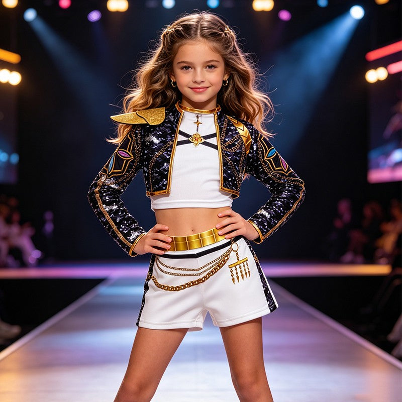 Girls Black?Gold 3D Printed Jacket Shorts Cosplay Set Kids Outfit for Stage Show Birthday Party Halloween Carnival Dress?Up