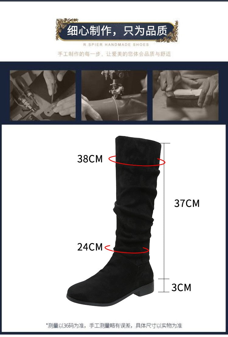 Pleated Boots Women Faux Suede Flock Knee High Boots 2024 Winter Women Fashion Slip on Square Low Heel Knight Booties Mujer 202
