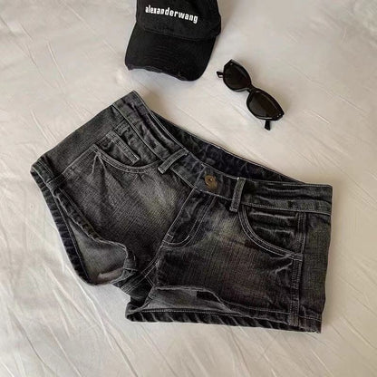 Vintage Denim Shorts Women Summer Black Grey Washed Low Waist Elastic Skinny Hot Shorts Jeans