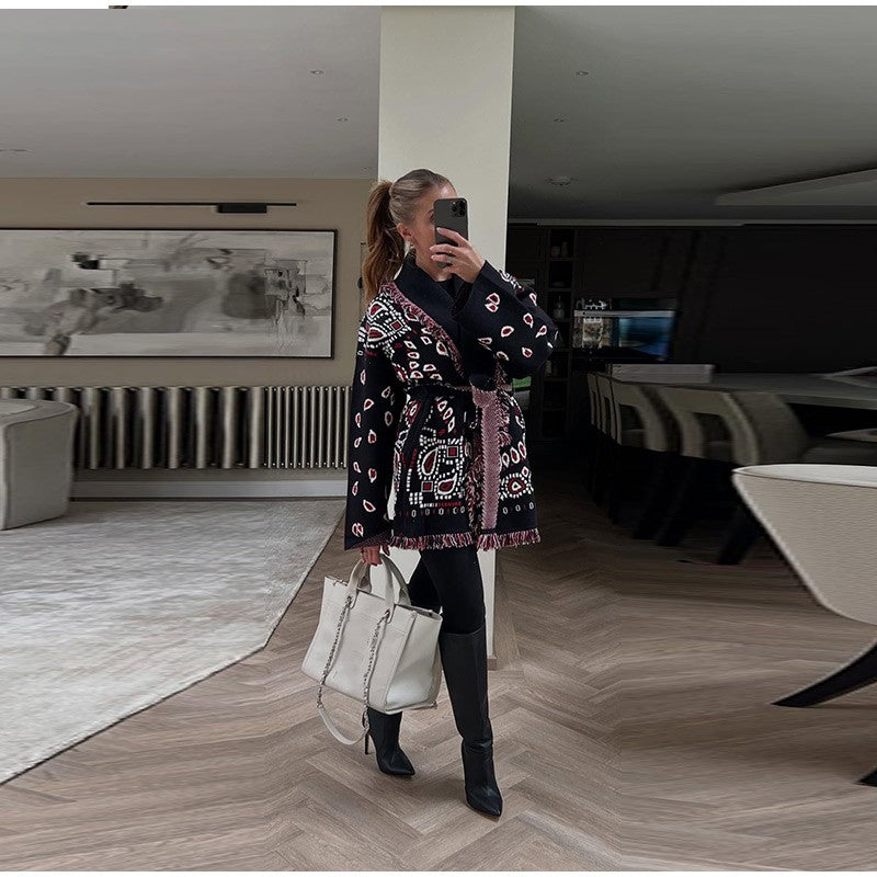 Knitted Print Lace-up Cardigan Coat Women's Elegant V-neck Tassels Full Sleeve Belted Sweaters 2025 Autumn New Ladies Outwear