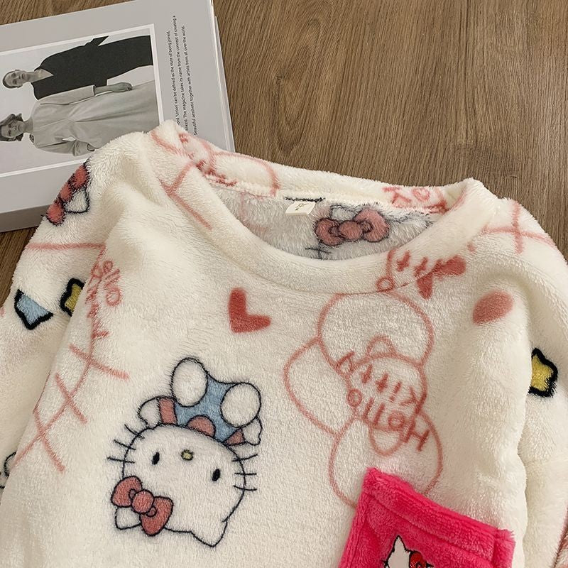Hello Kitty Women's 2025 Plush Flannel Pullover Pajama Set Winter Cozy Long Sleeve Pants Embroidered Casual Home Loungewear