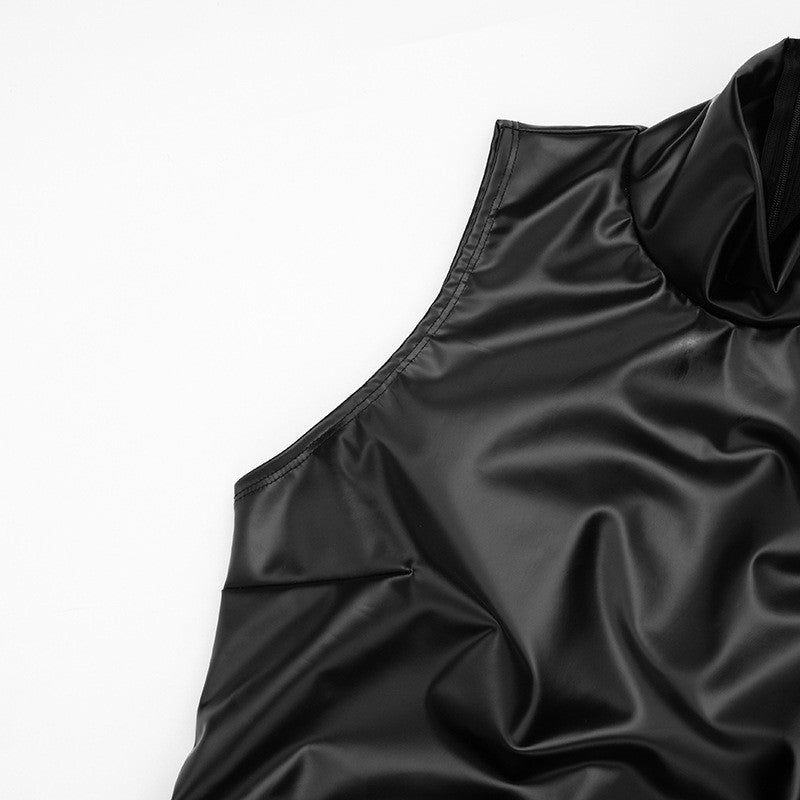 Nsauye Women Basic Pullover Casual Turtleneck Short Wrap PU Leather Y2K Dress 2026 Spring Summer Sexy Club Party Evening Dress