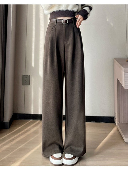 High Quality Woolen Wide Leg Pants Women Streetwear Belt Baggy Black Suit Pants Winter Korean Fashion Casual Straight Trousers