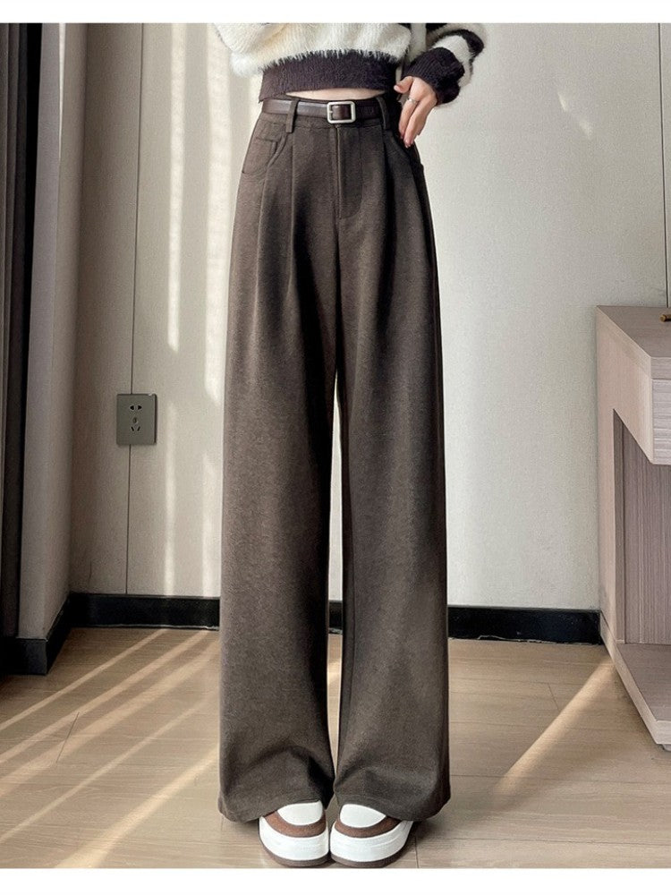 High Quality Woolen Wide Leg Pants Women Streetwear Belt Baggy Black Suit Pants Winter Korean Fashion Casual Straight Trousers