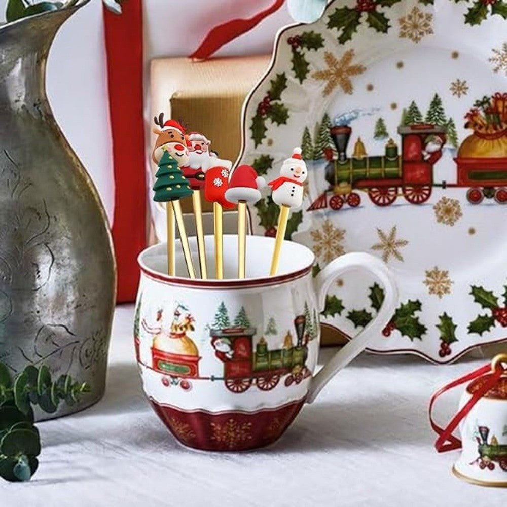 Conjunto 6 Peças de Garfos e Colheres Papai Noel Árvore de Natal Aço Inoxidável Colher de Café Sobremesa Utensílios de Mesa para Festa de Natal Presente Requintado