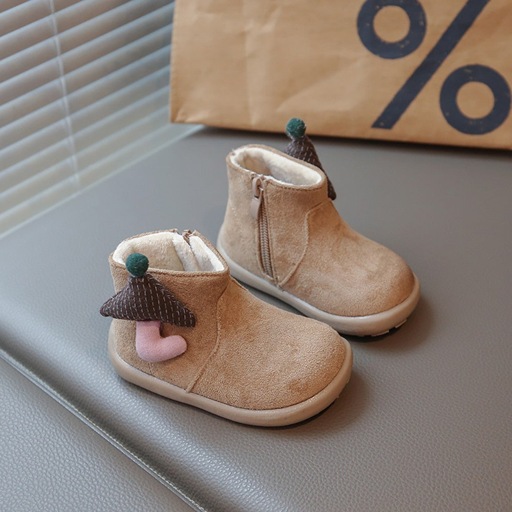 Christmas Children's Snow Boots PU Leather Vintage Girl's Plush Boots Anti-slippery Kid's Warm Padded Boots Cotton Shoes